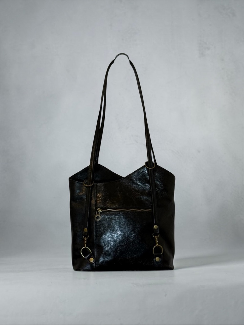 Italian Leather Convertible Backpack Shoulder Bag Black Firenze Plaid Lining
